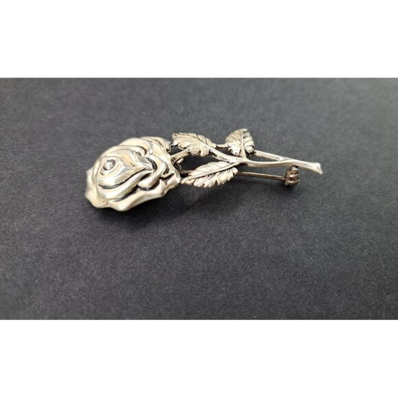 Vintage Sterling Silver Rose Brooch Pin Detailed Floral Design Floral Statement - Picture 4 of 9